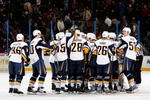 ATLANTA - JANUARY 14:  The Buffalo Sabres celebrate after defeating the Atlanta Thrashers 2-1 in overtime at Philips Arena on January 14, 2010 in Atlanta, Georgia.  (Photo by Kevin C. Cox/Getty Images)