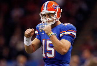 NEW ORLEANS - JANUARY 01:  Tim Tebow #15 of the Florida Gators reacts after a touchdown against the Cincinnati Bearcats during the Allstate Sugar Bowl at the Louisana Superdome on January 1, 2010 in New Orleans, Louisiana.  (Photo by Chris Graythen/Getty Images)