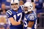 INDIANAPOLIS - DECEMBER 06: Austin Collie #17 and Pierre Garcon #85 of the Indianapolis Colts celebrate after Collie caught a touchdown pass during the NFL game against the Tennessee Titans at Lucas Oil Stadium on December 6, 2009 in Indianapolis, Indiana. The Colts won 27-17.  (Photo by Andy Lyons/Getty Images)