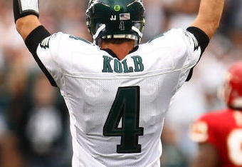 PHILADELPHIA - SEPTEMBER 27: Kevin Kolb #4 of the Philadelphia Eagles celebrates a touchdown against the Kansas City Chiefs on September 27, 2009 at Lincoln Financial Field in Philadelphia, Pennsylvania.  (Photo by Chris McGrath/Getty Images)
