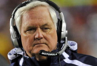 LANDOVER, MD - DECEMBER 21: Head coach Wade Phillips of the Dallas Cowboys walks on the sidelines during the game against the Washington Redskins at FedExField on December 27, 2009 in Landover, Maryland. (Photo by Larry French/Getty Images)