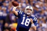 INDIANAPOLIS - JANUARY 16:  Quarterback Peyton Manning #18 of the Indianapolis Colts thows the ball against the Baltimore Ravens during the AFC Divisional Playoff Game at Lucas Oli Stadium on January 16, 2010 in Indianapolis, Indiana.  (Photo by Andy Lyons/Getty Images)
