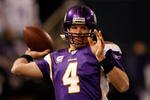 MINNEAPOLIS - JANUARY 17:  Quarterback Brett Favre #4 of the Minnesota Vikings warms up before the game against the Dallas Cowboys during the NFC Divisional Playoff Game at Hubert H. Humphrey Metrodome on January 17, 2010 in Minneapolis, Minnesota.  (Photo by Elsa/Getty Images)