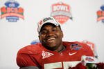 PASADENA, CA - JANUARY 07:  Defensive lineman Marcell Dareus #57 of the Alabama Crimson Tide speaks during a press conference after winning the Citi BCS National Championship game over the Texas Longhorns at the Rose Bowl on January 7, 2010 in Pasadena, California. The Crimson Tide defeated the Longhorns 37-21.  (Photo by Kevork Djansezian/Getty Images)