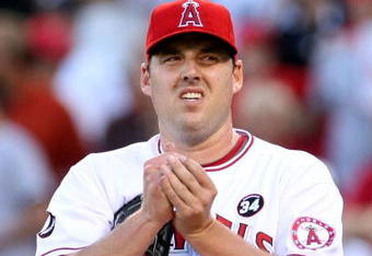 ANAHEIM, CA - OCTOBER 22:  Starting pitcher John Lackey #41 of the Los Angeles Angels of Anaheim reacts in the first inning against the New York Yankees in Game Five of the ALCS during the 2009 MLB Playoffs at Angel Stadium on October 22, 2009 in Anaheim, California.  (Photo by Stephen Dunn/Getty Images)