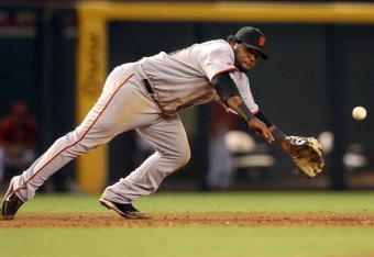 PHOENIX - SEPTEMBER 23:  Infielder Pablo Sandoval #48 of the San Francisco Giants is unable to field a single hit by the Arizona Diamondbacks during the major league baseball game at Chase Field on September 23, 2009 in Phoenix, Arizona.  (Photo by Christian Petersen/Getty Images)