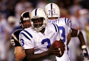 SAN DIEGO - AUGUST 14:  Quarterback Joe Hamilton #3 of the Indianapolis Colts scrambles with the football against the San Diego Chargers in their pre-season game on August 14, 2004 at Qualcomm Stadium in San Diego, California. The Colts won 21-17.  (Photo by Stephen Dunn/Getty Images)