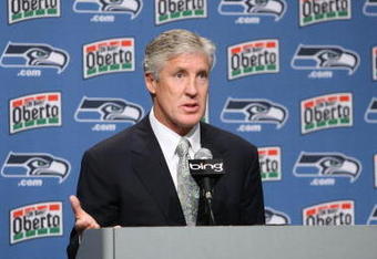 RENTON, WA - JANUARY 12:  Pete Carroll answers questions at a press conference announcing his hiring as the new head coach of the Seattle Seahawks on January 12, 2010 at the Seahawks training facility in Renton, Washington. (Photo by Otto Greule Jr/Getty Images)