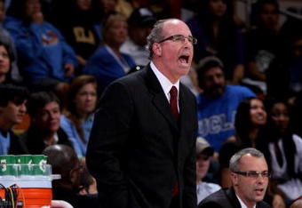 WESTWOOD, CA - JANUARY 16: Head coach Kevin O'Neill of the USC Trojans shouts intsructions in the game against the UCLA Bruins on January 16, 2010 at Pauley Pavillion in Westwood, California.   USC won 67-46.  (Photo by Stephen Dunn/Getty Images)