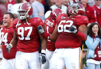 TUSCALOOSA, AL - OCTOBER 24:  Lorenzo Washington #97 celebrates with Terrence Cody #62 of the Alabama Crimson Tide after Cody blocked a field goal in the first half against the Tennessee Volunteers at Bryant-Denny Stadium on October 24, 2009 in Tuscaloosa, Alabama.  (Photo by Kevin C. Cox/Getty Images)