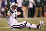 INDIANAPOLIS - JANUARY 24:  Quarterback Mark Sanchez #6 of the New York Jets reacts in the third quarter against the Indianapolis Colts during the AFC Championship Game at Lucas Oil Stadium on January 24, 2010 in Indianapolis, Indiana.  (Photo by Elsa/Getty Images)