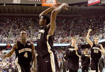 GREENSBORO, NC - MARCH 11:  Wake Forest Demon Deacons players react as they leave the court at halftime in a game against the Duke Blue Devils during the semifinals of the Atlantic Coast Conference Men's Basketball Tournament on March 11, 2006 at the Greensboro Coliseum in Greensboro, North Carolina.  (Photo by Streeter Lecka/Getty Images)