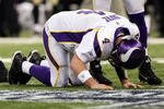 NEW ORLEANS - JANUARY 24:  Brett Favre #4 of  the Minnesota Vikings reacts after taking a hard hit in the second half against the New Orleans Saints during the NFC Championship Game at the Louisiana Superdome on January 24, 2010 in New Orleans, Louisiana.  (Photo by Jed Jacobsohn/Getty Images)