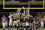 NEW ORLEANS - JANUARY 24:  Kicker Garrett Hartley #5 of the New Orleans Saints kicks a gaming winning field goal in overtime against the Minnesota Vikings to win the NFC Championship Game at the Louisiana Superdome on January 24, 2010 in New Orleans, Louisiana.  (Photo by Jed Jacobsohn/Getty Images)