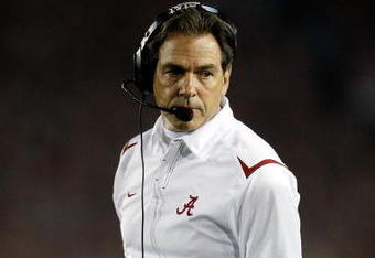 PASADENA, CA - JANUARY 07:  Head Coach Nick Saban of the Alabama Crimson Tide reacts during the Citi BCS National Championship game against the Texas Longhorns at the Rose Bowl on January 7, 2010 in Pasadena, California.  (Photo by Jeff Gross/Getty Images)