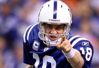 INDIANAPOLIS - JANUARY 24:  Quarterback Peyton Manning #18 of the Indianapolis Colts points in the first half against the New York Jets during the AFC Championship Game at Lucas Oil Stadium on January 24, 2010 in Indianapolis, Indiana.  (Photo by Andy Lyons/Getty Images)