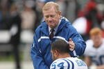 OAKLAND, CA - DECEMBER 16:  Bill Polian, president of the Indianapolis Colts, greets Freddie Keiaho #54 before the game against the Oakland Raiders on December 16, 2007 at McAfee Coliseum in Oakland, California. The Colts won 21-14.  (Photo by Stephen Dunn/Getty Images)