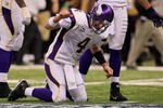 NEW ORLEANS - JANUARY 24:  Brett Favre #4 of  the Minnesota Vikings reacts after taking a hard hit in the second half against the New Orleans Saints during the NFC Championship Game at the Louisiana Superdome on January 24, 2010 in New Orleans, Louisiana.  (Photo by Jed Jacobsohn/Getty Images)