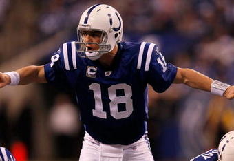 INDIANAPOLIS - JANUARY 24:  Quarterback Peyton Manning #18 of the Indianapolis Colts calls a play while playing against the New York Jets during the second half of the AFC Championship Game at Lucas Oil Stadium on January 24, 2010 in Indianapolis, Indiana. The Colts defeated the Jets 30-17.  (Photo by Jonathan Daniel/Getty Images)