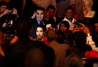 LOS ANGELES - JANUARY 24:   Antonio Margarito enters the ring prior to Shane Mosley's ninth round TKO after his corner threw in the towel during their WBA welterweight title fight on January 24, 2009 at the Staples Center in Los Angeles, California. (Photo by Donald Miralle/Getty Images)