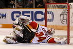SAN JOSE, CA - JANUARY 18:  Miikka Kiprusoff #34 of the Calgary Flames gives up a goal in the first period against the San Jose Sharks during an NHL game at the HP Pavilion on January 18, 2010 in San Jose, California.  (Photo by Jed Jacobsohn/Getty Images)