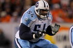 DENVER - NOVEMBER 19:  Offensive lineman Eugene Amano #54 of the Tennessee Titans squares off against the Denver Broncos at Invesco Field at Mile High on November 19, 2007 in Denver, Colorado.  (Photo by Doug Pensinger/Getty Images)