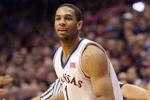 LAWRENCE, KS - DECEMBER 19:  Xavier Henry #1 of the Kansas Jayhawks dribbles the ball during the game against the Michigan Wolverines on December 19, 2009 at Allen Fieldhouse in Lawrence, Kansas. (Photo by Jamie Squire/Getty Images)