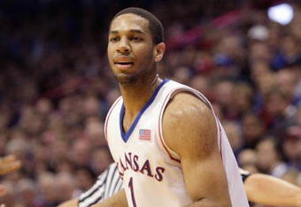 LAWRENCE, KS - DECEMBER 19:  Xavier Henry #1 of the Kansas Jayhawks dribbles the ball during the game against the Michigan Wolverines on December 19, 2009 at Allen Fieldhouse in Lawrence, Kansas. (Photo by Jamie Squire/Getty Images)