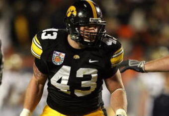 MIAMI GARDENS, FL - JANUARY 05:  Linebacker Pat Angerer #43 of the Iowa Hawkeyes defends against the Georgia Tech Yellow Jackets during the FedEx Orange Bowl at Land Shark Stadium on January 5, 2010 in Miami Gardens, Florida.  (Photo by Doug Benc/Getty Images)