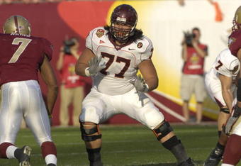 JACKSONVILLE, FL - DECEMBER 1: Tackle Ed Wang #77 of the Virginia Tech Hokies sets to block against the Boston College Eagles in the ACC Championship Game at Jacksonville Municipal Stadium on December 1, 2007 in Jacksonville, Florida.  The Hokies won the title 30 - 16 and will play in the Orange Bowl.  (Photo by Al Messerschmidt/Getty Images)