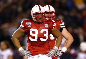 SAN DIEGO - DECEMBER 30:  Ndamukong Suh #93 of the University of Nebraska Cornhuskers looks on during the Pacific Life Holiday Bowl against University of Arizona Wildcats on December 30, 2009 at Qualcomm Stadium in San Diego, California. The Cornhuskers defeated the Wildcats 33-0. (Photo By Donald Miralle/Getty Images)