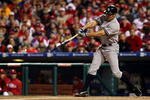 PHILADELPHIA - NOVEMBER 02:  Johnny Damon #18 of the New York Yankees hits a single in the top of the first inning against the Philadelphia Phillies in Game Five of the 2009 MLB World Series at Citizens Bank Park on November 2, 2009 in Philadelphia, Pennsylvania.  (Photo by Nick Laham/Getty Images)