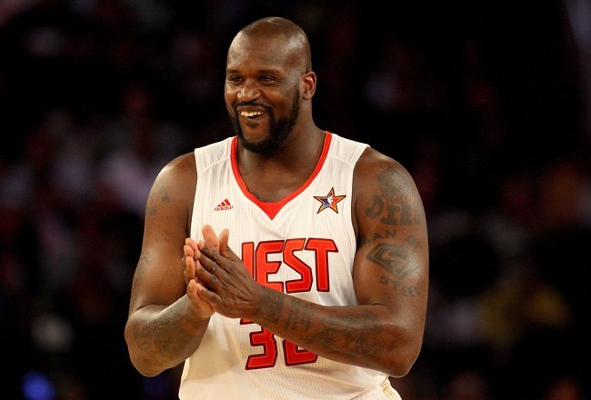 PHOENIX - FEBRUARY 15:  Shaquille O'Neal #32 of the Western Conference smiles during the first half of 58th NBA All-Star Game, part of 2009 NBA All-Star Weekend at US Airways Center on February 15, 2009 in Phoenix, Arizona.  NOTE TO USER: User expressly acknowledges and agrees that, by downloading and or using this photograph, User is consenting to the terms and conditions of the Getty Images License Agreement.  (Photo by Ronald Martinez/Getty Images)