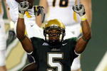 TAMPA, FL - SEPTEMBER 28:  Safety Nate Allen #5 of the University of South Florida Bulls celebrates his fumble recovery against the West Virginia Mountaineers at Raymond James Stadium September 28, 2007 in Tampa Florida.  (Photo by Marc Serota/Getty Images)