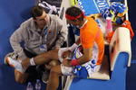 MELBOURNE, AUSTRALIA - JANUARY 26:  Rafael Nadal of Spain recieves medical attention between games in his quarterfinal match against Andy Murray of Great Britain during day nine of the 2010 Australian Open at Melbourne Park on January 26, 2010 in Melbourne, Australia.  (Photo by Cameron Spencer/Getty Images)