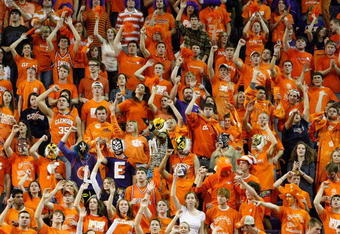 CLEMSON, SC - JANUARY 13:  Fans of the Clemson Tigers cheer against the North Carolina Tar Heels at Littlejohn Coliseum on January 13, 2010 in Clemson, South Carolina.  (Photo by Kevin C. Cox/Getty Images)