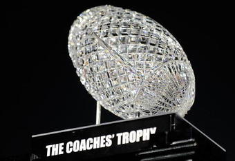 PASADENA, CA - JANUARY 07:  The BCS National Championship trophy which was won by the Alabama Crimson Tide after winning the Citi BCS National Championship game over the Texas Longhorns at the Rose Bowl on January 7, 2010 in Pasadena, California. The Crimson Tide defeated the Longhorns 37-21.  (Photo by Kevork Djansezian/Getty Images)