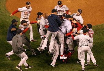 DENVER - OCTOBER 28:  The Boston Red Sox celebrate after defeating the Colorado Rockies in Game Four of the 2007 World Series at Coors Field on October 28, 2007 in Denver, Colorado  The Red Sox defeated the Rockies 4-3 and won the World Series 4-0.  (Photo by Christian Petersen/Getty Images)