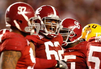 TUSCALOOSA, AL - NOVEMBER 07:  Terrence Cody #62 of the Alabama Crimson Tide celebrates a defensive stop against the Louisiana State University Tigers at Bryant-Denny Stadium on November 7, 2009 in Tuscaloosa, Alabama.  (Photo by Kevin C. Cox/Getty Images)