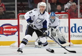 NEWARK, NJ - DECEMBER 04: Lukas Krajicek #2 of the Tampa Bay Lightning skates against the New Jersey Devils at the Prudential Center on December 4, 2009 in Newark, New Jersey. (Photo by Bruce Bennett/Getty Images)
