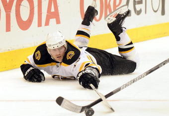 LOS ANGELES, CA - JANUARY 16:  Michael Ryder #73 of the Boston Bruins reaches for the puck from the ice against the Los Angeles Kings at the Staples Center on January 16, 2010 in Los Angeles, California.  (Photo by Harry How/Getty Images)