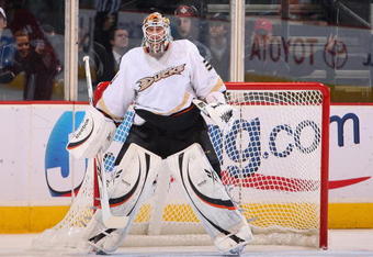 GLENDALE, AZ - DECEMBER 23:  Goaltender Jean-Sebastien Giguere #35 of the Anaheim Ducks in action during the NHL game against the Phoenix Coyotes at Jobing.com Arena on December 23, 2009 in Glendale, Arizona. The Coyotes defeated the Ducks 4-0.  (Photo by Christian Petersen/Getty Images)