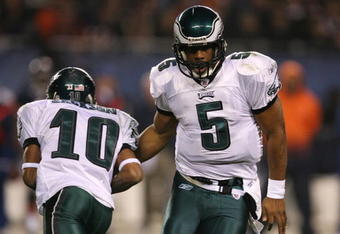 CHICAGO - NOVEMBER 22: Quarterback Donovan McNabb #5 of the Philadelphia Eagles hands the ball off to DeSean Jackson #10 against the Chicago Bears at Soldier Field on November 22, 2009 in Chicago, Illinois.  (Photo by Jonathan Daniel/Getty Images)