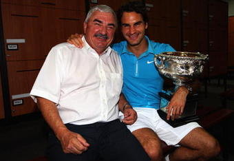 MELBOURNE, AUSTRALIA - JANUARY 31:  Roger Federer of Switzerland and his father Robert Federer pose with the Norman Brookes Challenge Cup in the players locker room after winning the men's final match against Andy Murray of Great Britain during day fourteen of the 2010 Australian Open at Melbourne Park on January 31, 2010 in Melbourne, Australia.  (Photo by Clive Brunskill/Getty Images)