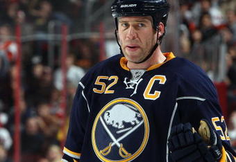 PHILADELPHIA - NOVEMBER 14:  Craig Rivet #52 of the Buffalo Sabres looks on against the Philadelphia Flyers on November 14, 2009 at Wachovia Center in Philadelphia, Pennsylvania.  (Photo by Jim McIsaac/Getty Images)