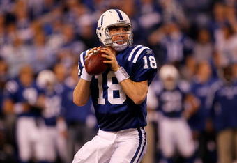 INDIANAPOLIS - JANUARY 24:  Quarterback Peyton Manning #18 of the Indianapolis Colts looks to pass  while playing against the New York Jets during the AFC Championship Game at Lucas Oil Stadium on January 24, 2010 in Indianapolis, Indiana. The Colts defeated the Jets 30-17.  (Photo by Jonathan Daniel/Getty Images)