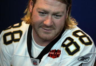 MIAMI GARDENS, FL - FEBRUARY 02:  Jeremy Shockey #88 of the New Orleans Saints speaks to members of the media during Super Bowl XLIV Media Day at Sun Life Stadium on February 2, 2010 in Miami Gardens, Florida.  (Photo by Scott Halleran/Getty Images)