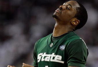 DETROIT - APRIL 06:  Kalin Lucas #1 of the Michigan State Spartans reacts in the second half against the North Carolina Tar Heels during the 2009 NCAA Division I Men's Basketball National Championship game at Ford Field on April 6, 2009 in Detroit, Michigan.  (Photo by Andy Lyons/Getty Images)