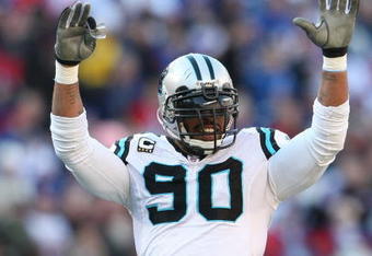 EAST RUTHERFORD, NJ - DECEMBER 27: Julius Peppers #90 of the Carolina Panthers against the New York Giants at Giants Stadium on December 27, 2009 in East Rutherford, New Jersey.  (Photo by Nick Laham/Getty Images)