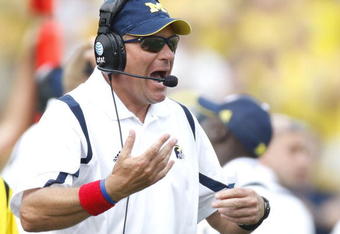 ANN ARBOR, MI - SEPTEMBER 05:  Head coach Rich Rodriguez yells for the sideline while playing the Western Michigan Broncos vs. Michigan Wolverines on September 5, 2009 at Michigan Stadium in Ann Arbor, Michigan.  (Photo by Gregory Shamus/Getty Images)